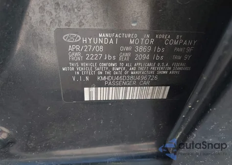 2008 Hyundai Elantra Gls/Se from USA, damaged, VIN KMHDU46D38U496726